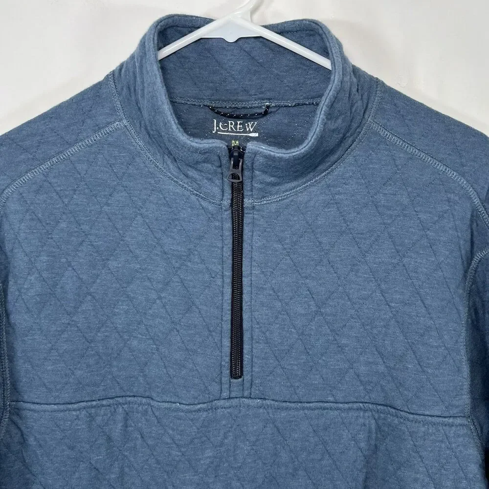 J.Crew Quilted 1/4 Zip Pullover Sweater Mens Size Medium Blue Zipper Pockets